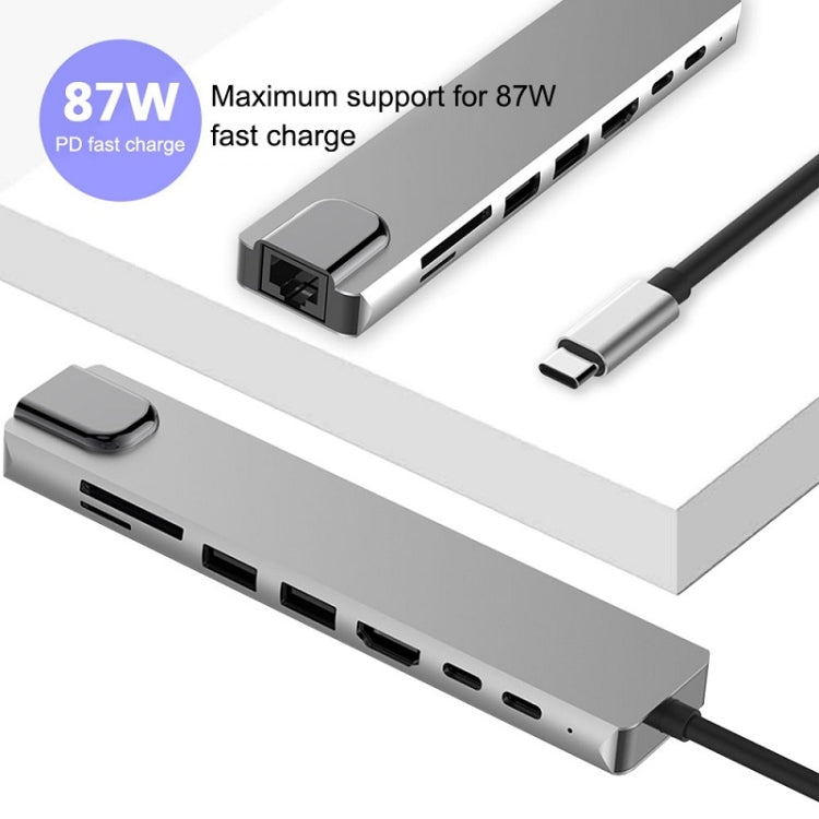 WC7367 8 in 1 87W Type-C to PD+USB3.0/USB2.0+SD+TF+HDMI+RJ45+Type-c Docking Station HUB