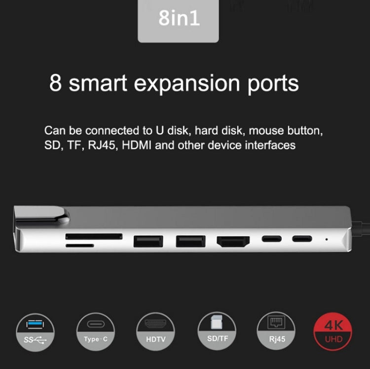 WC7367 8 in 1 87W Type-C to PD+USB3.0/USB2.0+SD+TF+HDMI+RJ45+Type-c Docking Station HUB