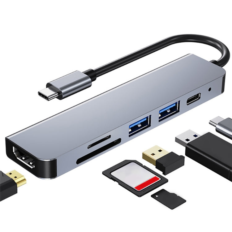 6 In 1 USB-C / Type-C To 4K HDMI + SD / TF Card Slot + PD USB-C / Type-C Charging + 2 USB 3.0 Ports Multifunctional HUB Docking Station