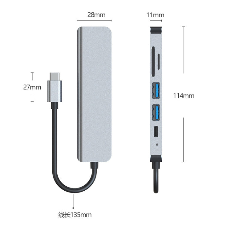 6 In 1 USB-C / Type-C To 4K HDMI + SD / TF Card Slot + PD USB-C / Type-C Charging + 2 USB 3.0 Ports Multifunctional HUB Docking Station