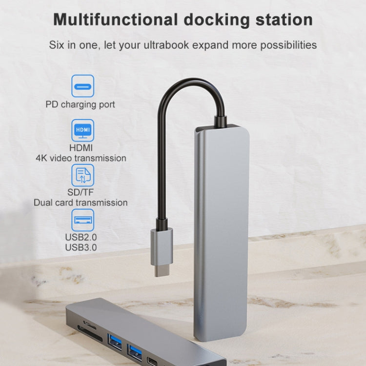 6 In 1 USB-C / Type-C To 4K HDMI + SD / TF Card Slot + PD USB-C / Type-C Charging + 2 USB 3.0 Ports Multifunctional HUB Docking Station