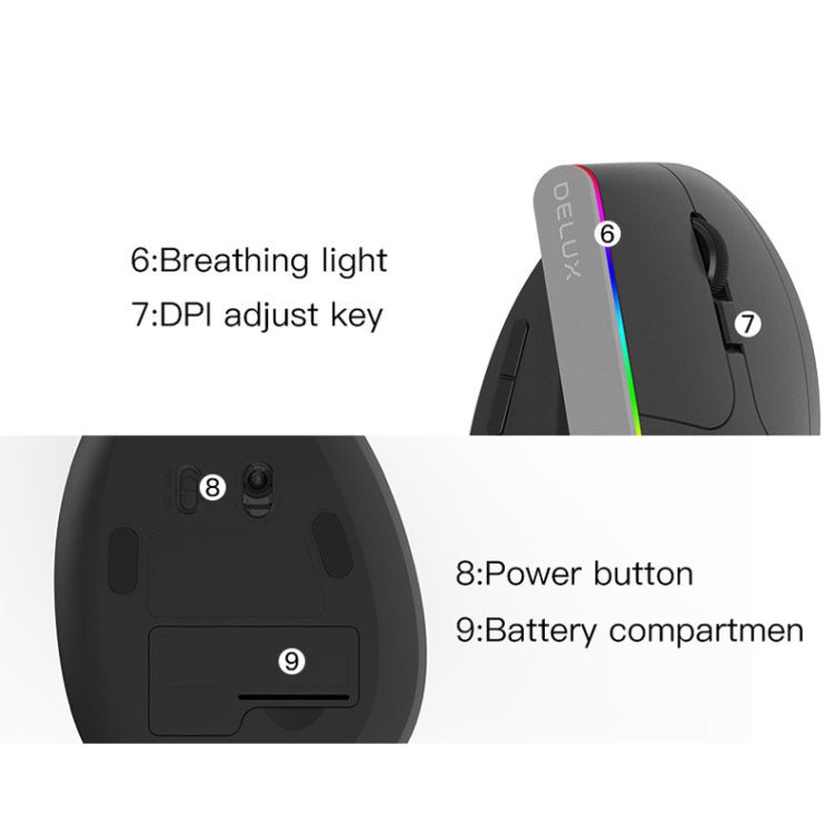 DELUX M618C 6 Keys 1600 DPI RGB Vertical Wireless Bluetooth Dual Mode Mouse