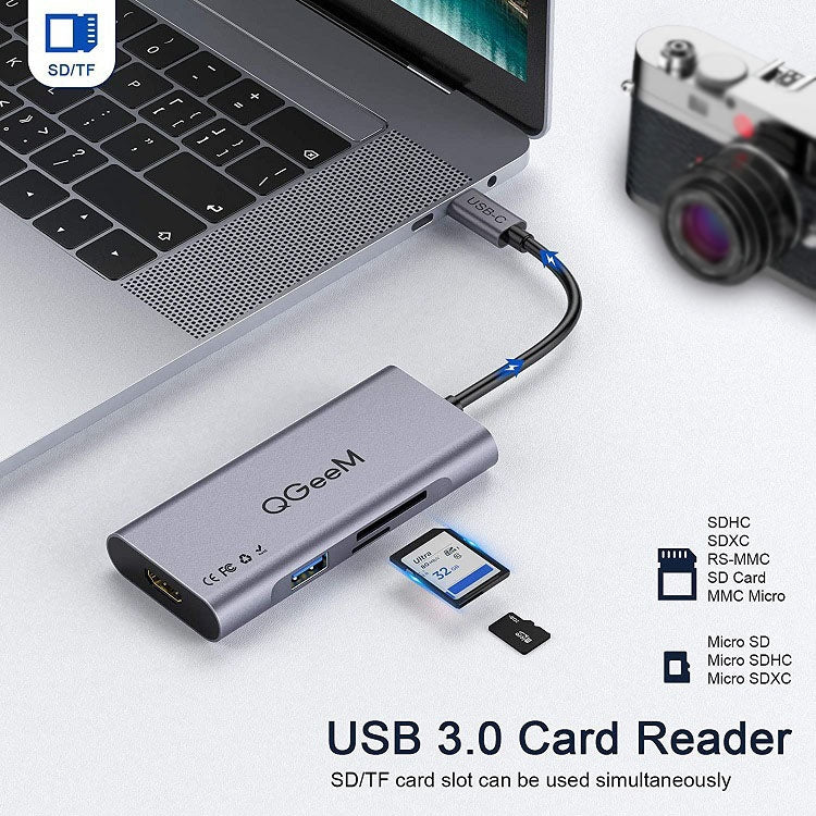 QGeeM 7 In 1 Multifunctional USB3.0 TYPE-C Extension HUB Adapter