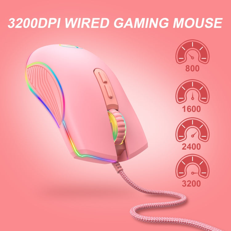 E32  7 Keys 3200 DPI Pink Girls RGB Glowing Wired Mouse Gaming Mouse, Interface: