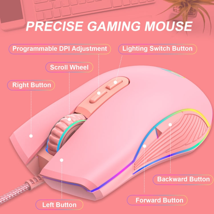 E32  7 Keys 3200 DPI Pink Girls RGB Glowing Wired Mouse Gaming Mouse, Interface: