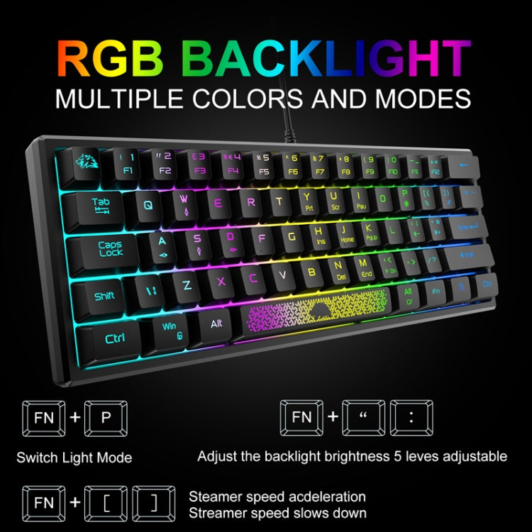 ZIYOU LANG K61 62 Keys RGB Lighting Mini Gaming Wired Keyboard, Cable Length:1.5m