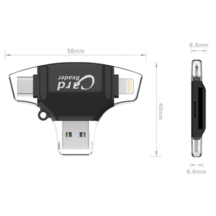 8Pin +Type-C+USB Micro+USB-A 4 In 1 Card Reader Supports Reading SD&TF Car