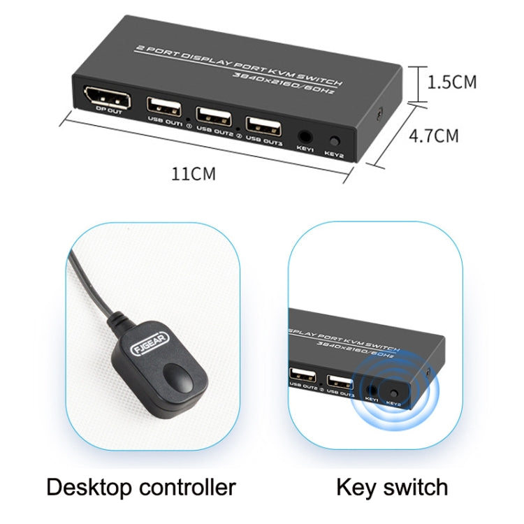 FJGEAR FJ-DK201 60HZ 2 Ports DP + USB To KVM Switcher With Desktop Controller