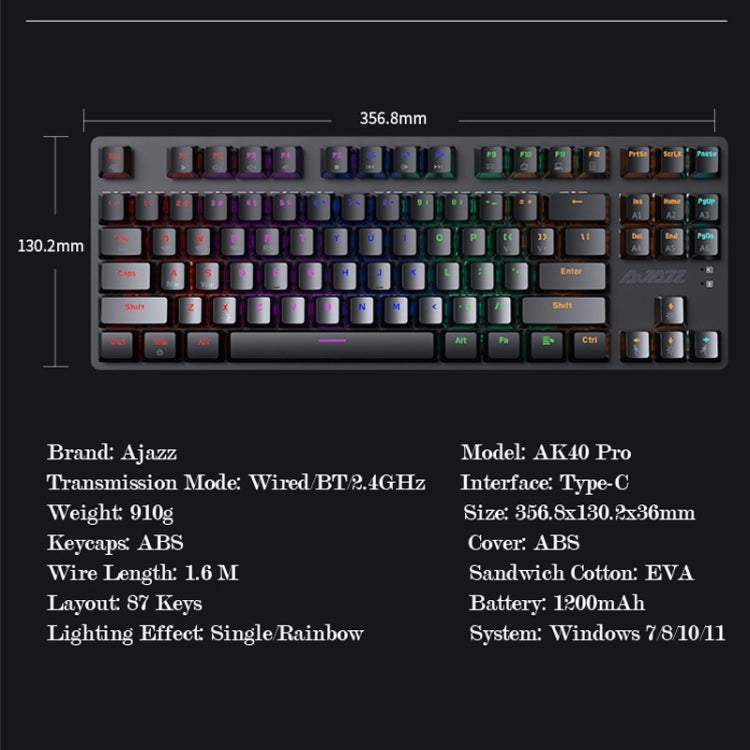 Ajazz AK40pro 87 Keys Bluetooth/Wireless/Wired Three Mode Game Office Mechanical Keyboard