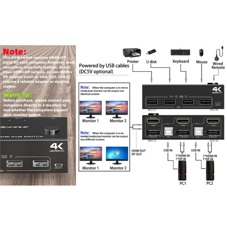 202DH DP HDMI Dual Channel KVM Switch Computer Host DP Interface Keyboard Mouse Sharing Display