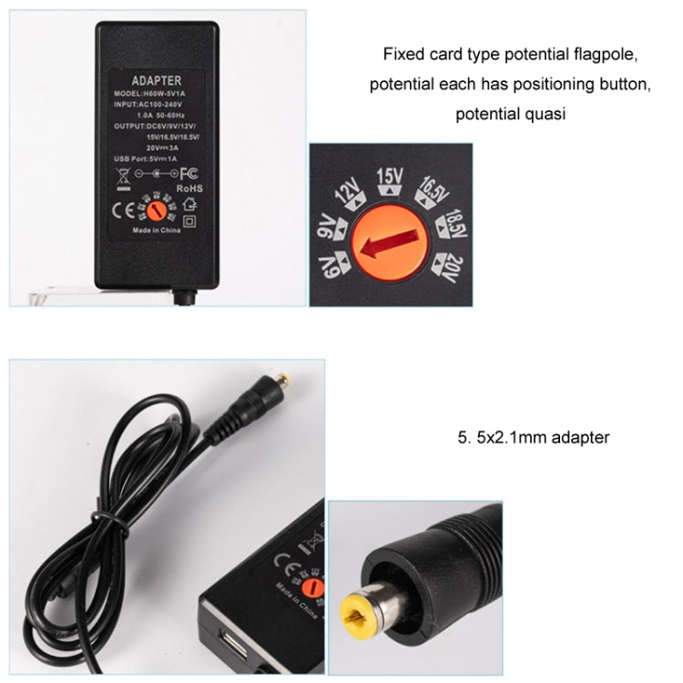 65W 6-20V Adjustable 3A DC Power Adapter Charger