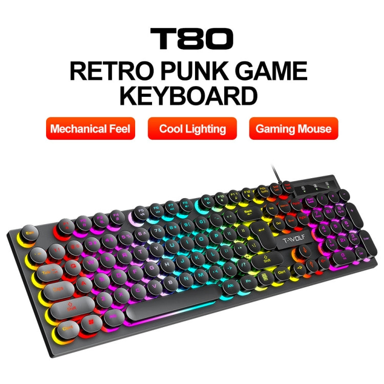 T-WOLF T80 104-Keys RGB Illuminated Office Game Wired Punk Retro Keyboard