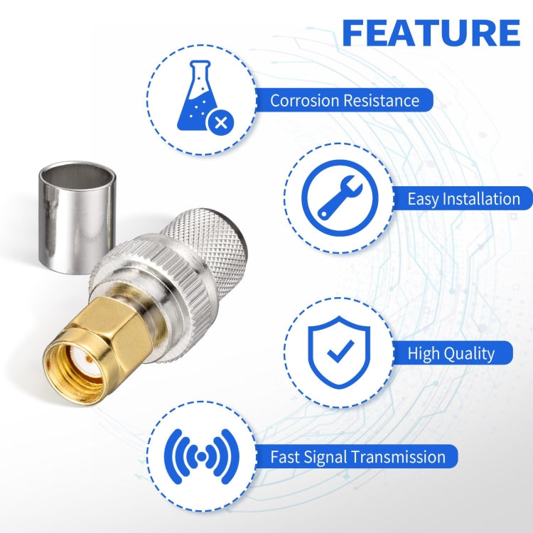 10pcs /Pack RP-SMA Male Crimp Solder Connector For LMR-400 / Belden-9913 / RG8 / RG213 Coaxial Cable