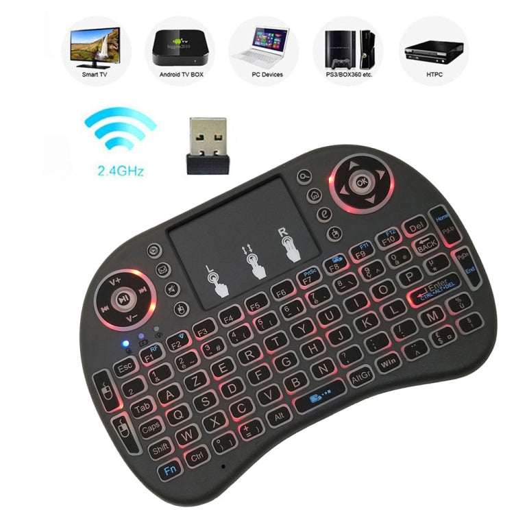 Support Language: French i8 Air Mouse Wireless Backlit Keyboard with Touchpad for Android TV Box & Smart TV & PC Tablet & Xbox360 & PS3 & HTPC/IPTV