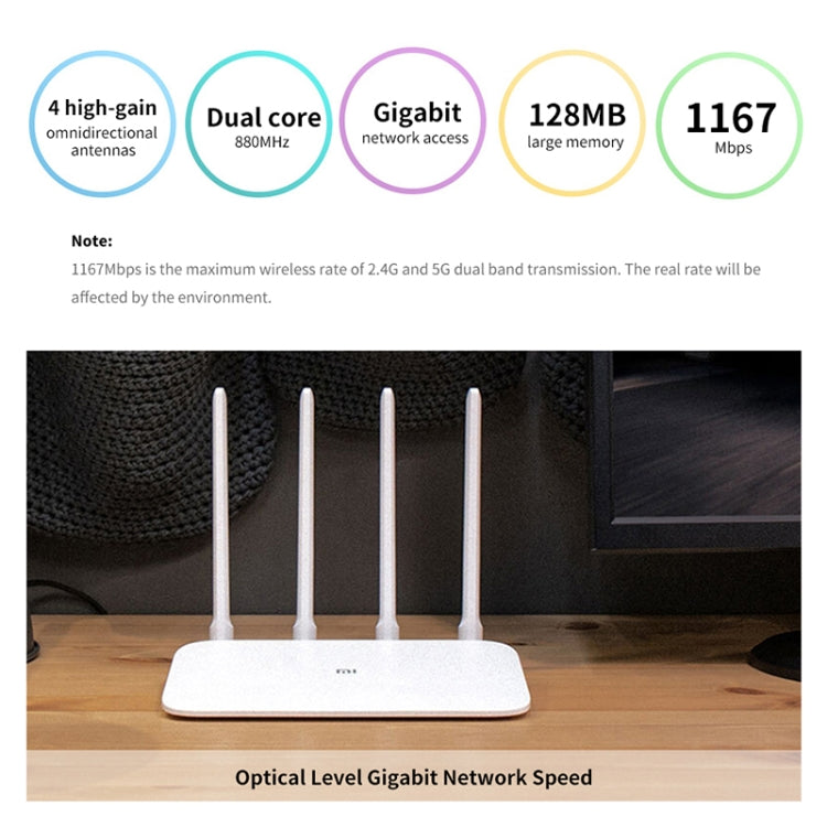 Original Xiaomi WiFi Router 4A Smart APP Control AC1200 1167Mbps 128MB 2.4GHz & 5GHz Dual-core CPU Gigabit Ethernet Port Wireless Router Repeater with 4 Antennas, Support Web & Android & iOS, US Plug